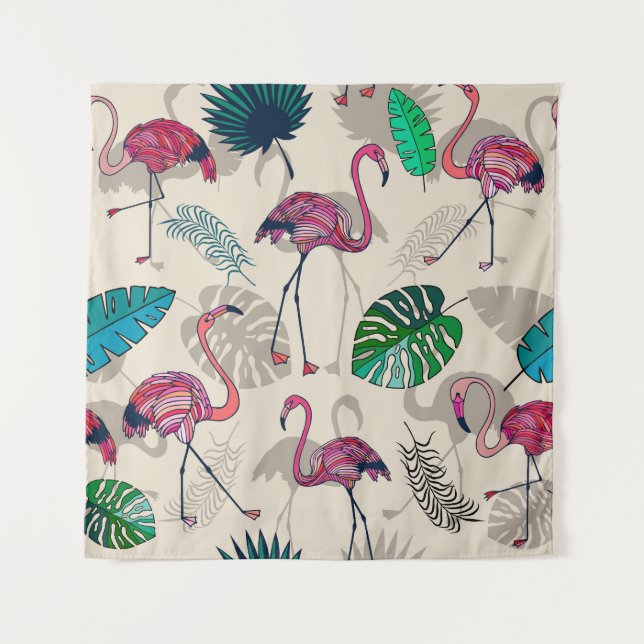 Tropical Fantasy: Flamingo Leaf Pattern Tapestry (Front)