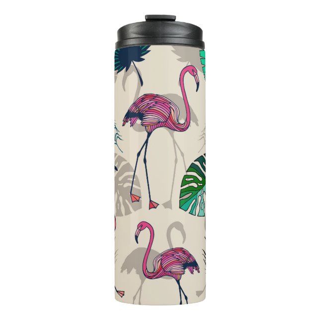 Tropical Fantasy: Flamingo Leaf Pattern Thermal Tumbler (Front)