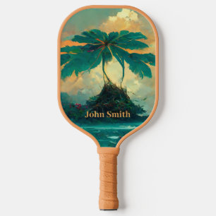 Tropical Fantasy Sea & Palm Trees Monogram Pickleball Paddle