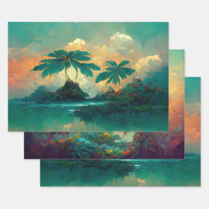 Tropical Fantasy Sea & Palm Trees Wrapping Paper Sheet