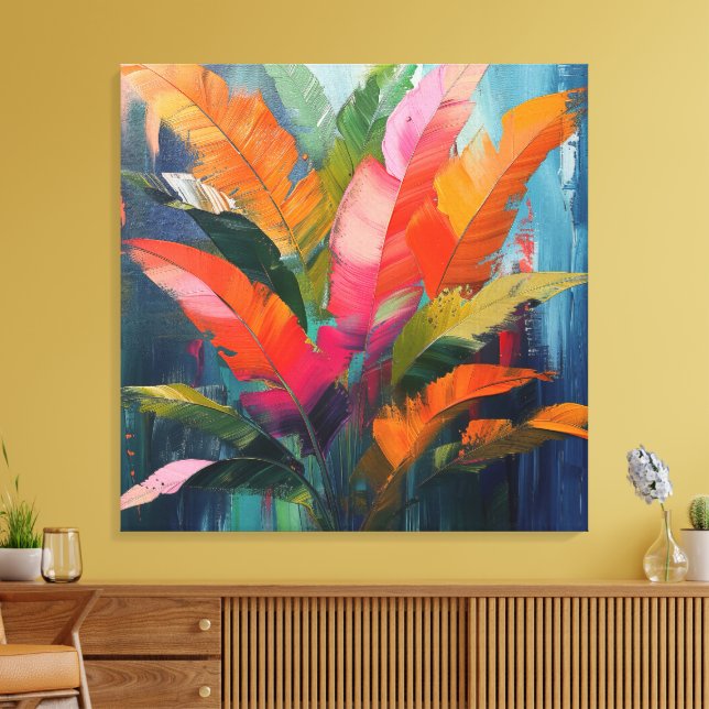 Tropical Feathers – Vibrant Botanical Abstraction Canvas Print (Insitu(LivingRoom))