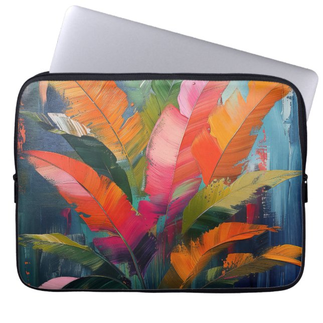 Tropical Feathers – Vibrant Botanical Abstraction Laptop Sleeve (Front)