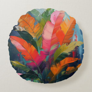 Tropical Feathers – Vibrant Botanical Abstraction Round Cushion