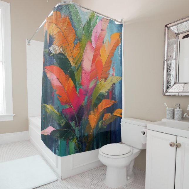 Tropical Feathers – Vibrant Botanical Abstraction Shower Curtain (In Situ)