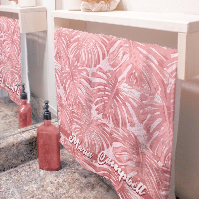 Tropical Feminine Pink Jungle Leaves Name Bath Towel Set (Hand towel on rail in bathroom)