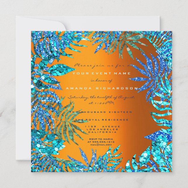 Tropical Fern Leaf Beach Ocean Blue Orange Glitter Invitation (Front)