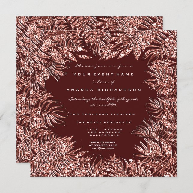 Tropical Fern Leafs Frame Rose Gold Copper Maroon Invitation (Front/Back)