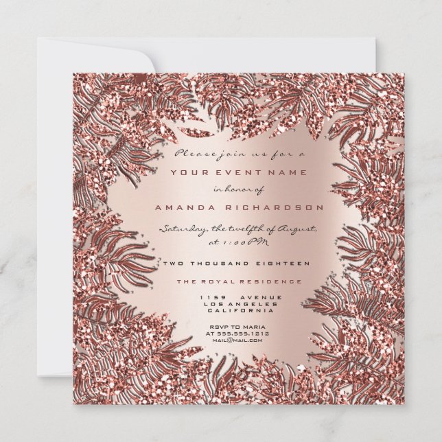 Tropical Fern Leafs Framed Rose Gold Pink Metallic Invitation (Front)
