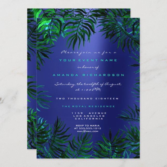 Tropical Fern Leafs Framed Teal Aquatic Green Blue Invitation (Front/Back)