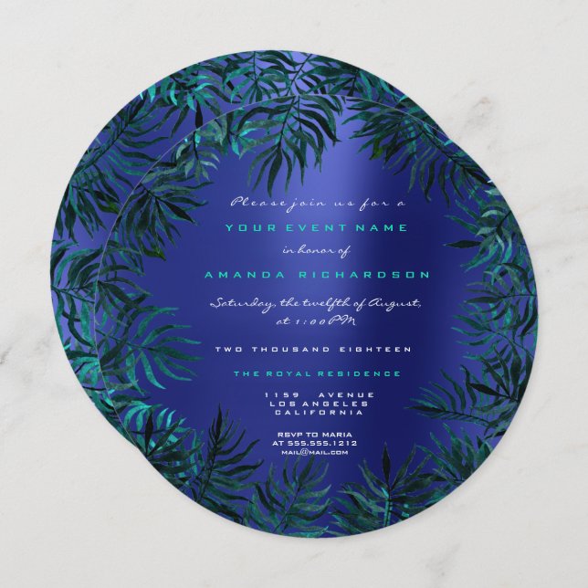 Tropical Fern Leafs Framed Teal Aquatic Indigo Blu Invitation (Front/Back)