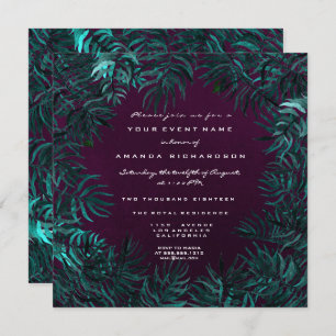 Tropical Fern Leafs Framed Teal Cali Plum Woodland Invitation