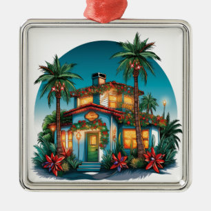 TROPICAL FESTIVE CHRISTMAS BEACH HOUSE METAL TREE DECORATION