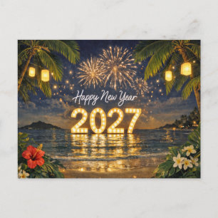 Tropical Fireworks Sunset Happy New Year 2027 Holiday Postcard