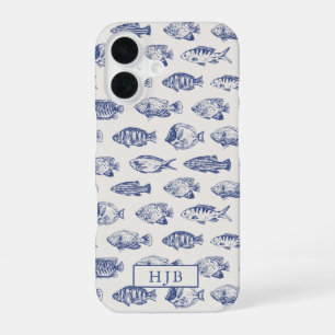 Tropical Fish Blue Sketch Monogram iPhone 16 Case