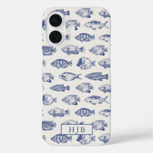 Tropical Fish Blue Sketch Monogram iPhone 16 Case