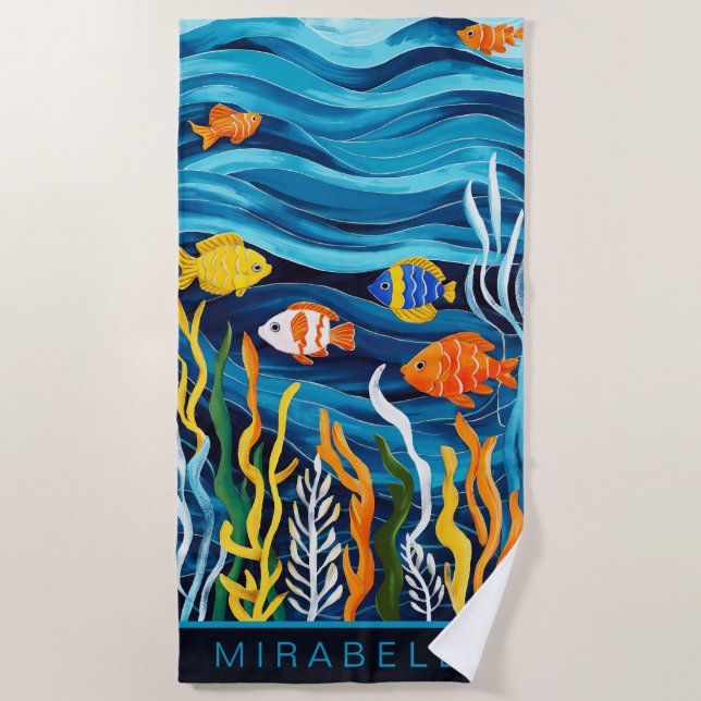 Tropical Fish & Blue Waves Custom Beach Towel (Front)