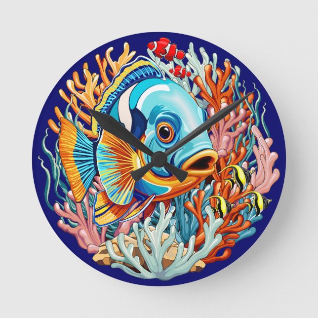 Tropical Fish Colorful Summer Vibes Round Clock (Front)