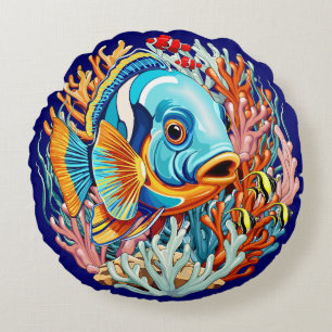 Tropical Fish Colorful Summer Vibes Round Cushion