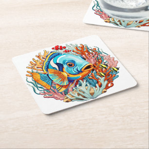 Tropical Fish Colorful Summer Vibes Square Paper Coaster