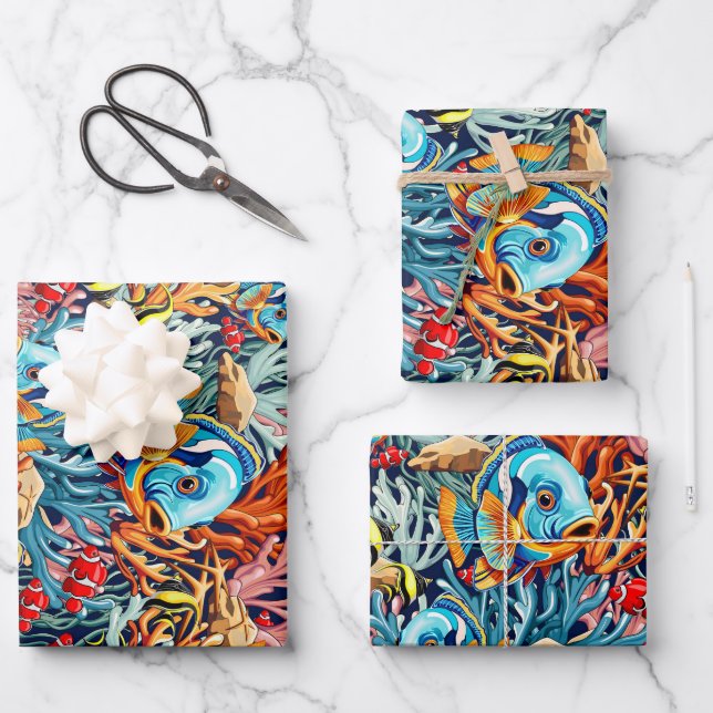 Tropical Fish Colorful Summer Vibes Wrapping Paper Sheet (Front)