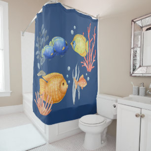 Tropical Fish Dark Blue Aquarium Shower Curtain