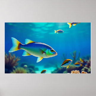 Tropical Fish Floating in Deep Blue Sea Water Ocea Poster