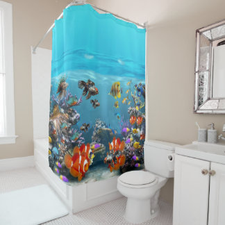 TROPICAL FISH IN THE OCEAN. FISH TANK.  AQUARIUM. SHOWER CURTAIN