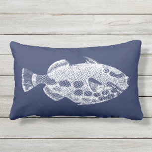 Tropical Fish Navy Blue White Outdoor  Lumbar Pill Cushion