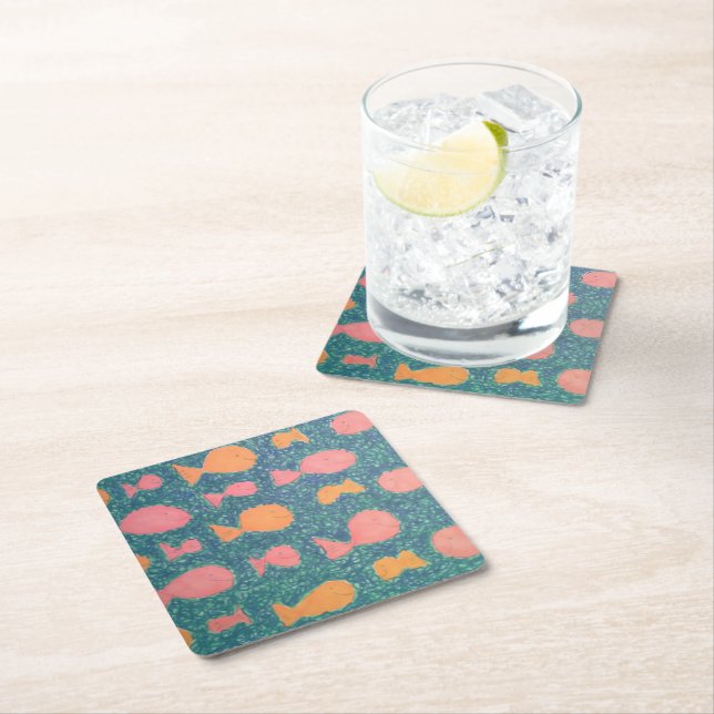 Tropical Fish Painted Pattern Square Paper Coaster (Insitu)