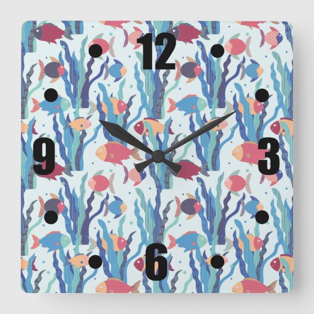 Tropical Fish Pattern in Blue Maroon and Apricot Square Wall Clock (Front)