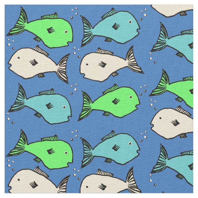Tropical Fish Pattern on Dark Blue Background Fabric (Close Up)