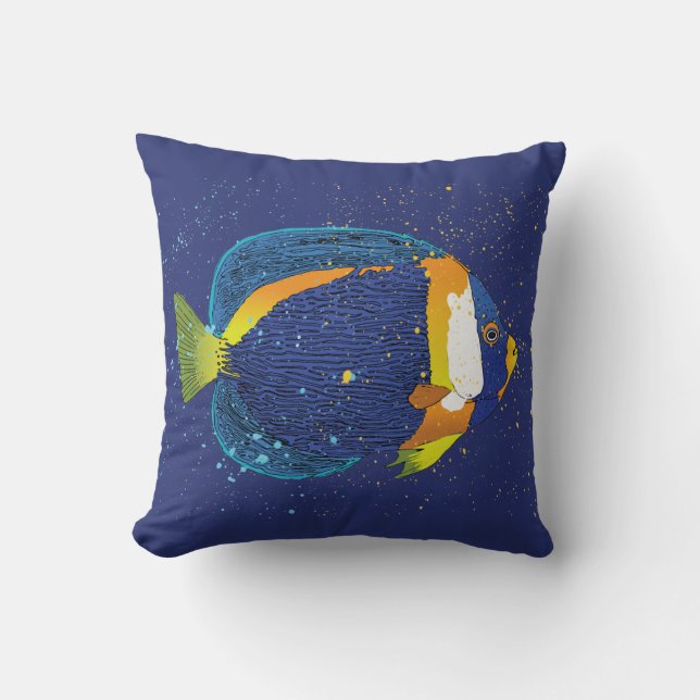 Tropical Fish Print Navy Blue and Yellow Nature Cushion (Front)