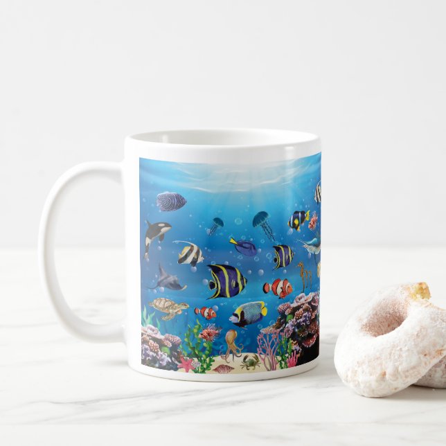 Tropical Fish swimming Seabed Coffee Mug (With Donut)