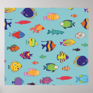 Tropical fish, vintage line pattern poster
