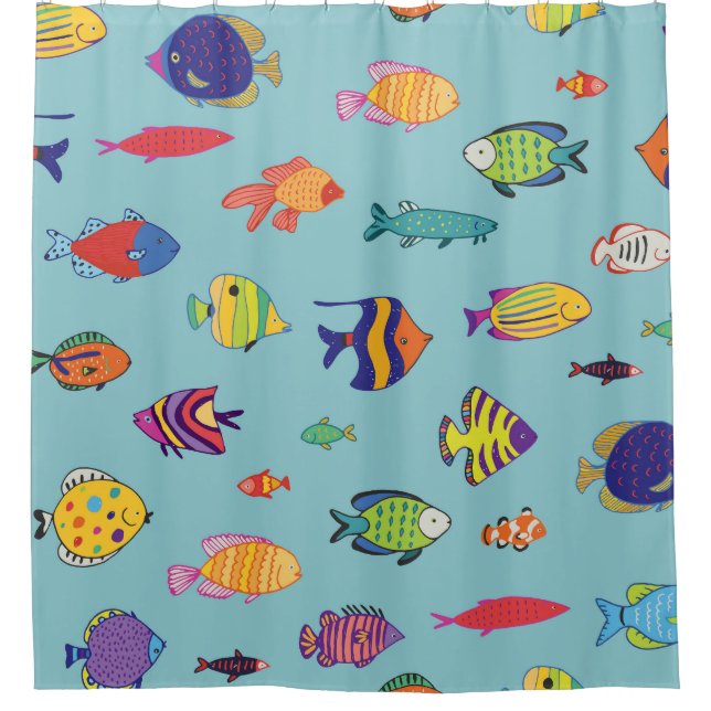 Tropical fish, vintage line pattern shower curtain (Front)