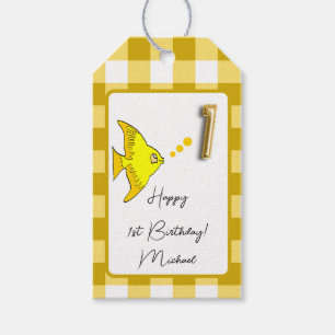 Tropical Fish Yellow Gingham Happy 1st Birthday Gift Tags