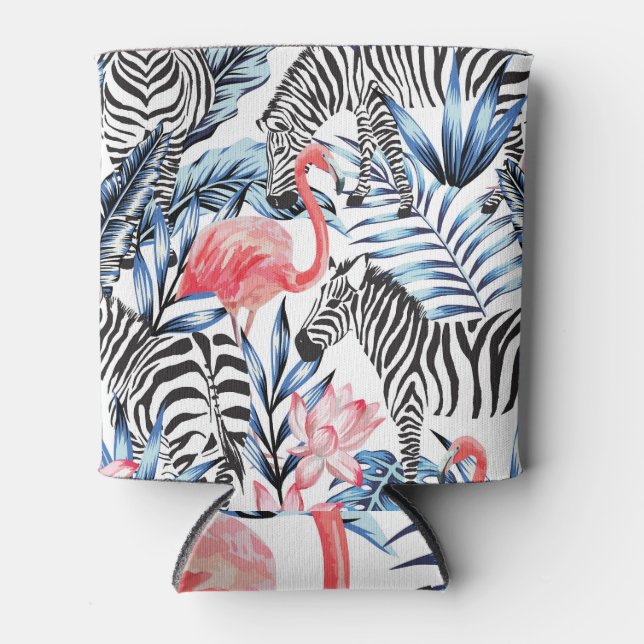 Tropical Flair: Flamingo Zebra Paradise Can Cooler (Front)