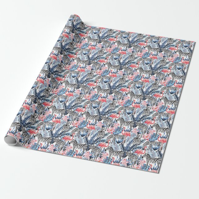 Tropical Flair: Flamingo Zebra Paradise Wrapping Paper (Unrolled)