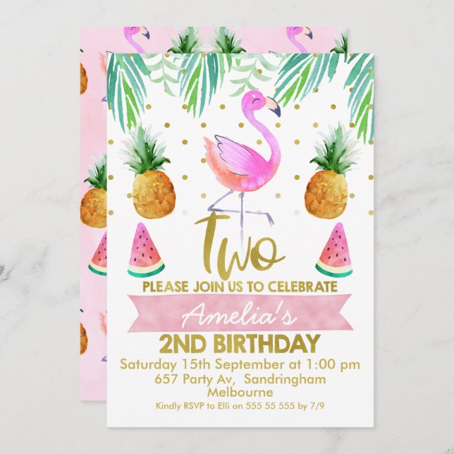 Tropical Flamingo 2nd Birthday Invitation (Front/Back)