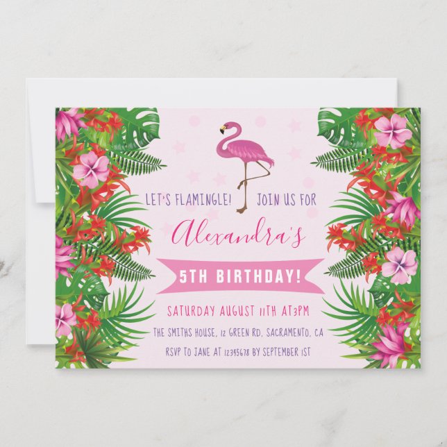 Tropical Flamingo 5th Birthday Party Invitation (Front)