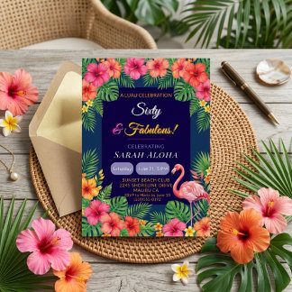 Tropical Flamingo 60th Birthday Luau Flora Invitation