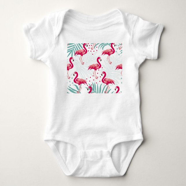 Tropical flamingo and leaves, summer pattern. baby bodysuit (Front)