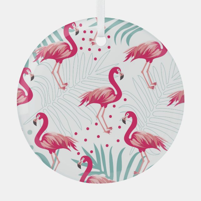 Tropical flamingo and leaves, summer pattern. glass tree decoration (Front)