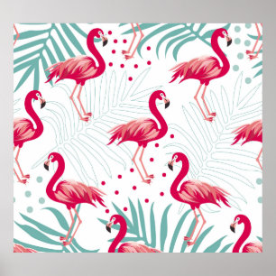 Tropical flamingo and leaves, summer pattern. poster