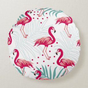 Tropical flamingo and leaves, summer pattern. round cushion