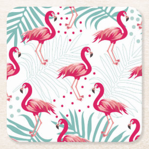 Tropical flamingo and leaves, summer pattern. square paper coaster