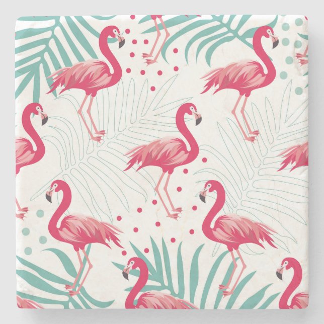 Tropical flamingo and leaves, summer pattern. stone coaster (Front)