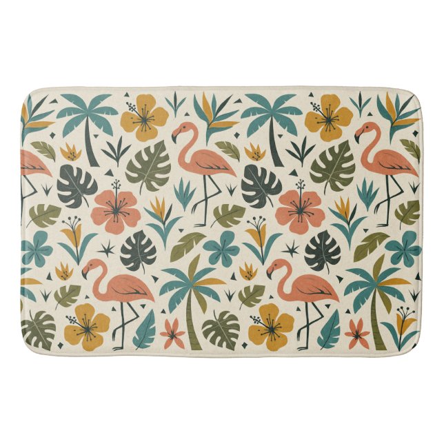 Tropical Flamingo and Palm Tree Pattern Bath Mat (Front)