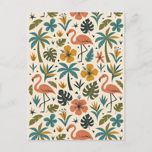 Tropical Flamingo and Palm Tree Pattern Postcard (Front)