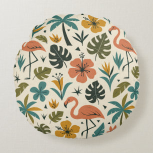 Tropical Flamingo and Palm Tree Pattern Round Cushion